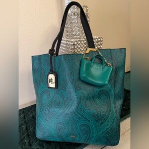 BARELY USED …. RALPH LAUREN GREEN PAISLEY PRINTED TOTE